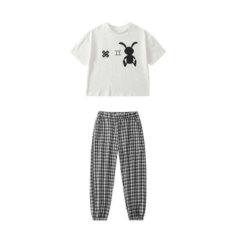 

Summer Fashion Clothing for Girls Short Sleeve Set Cartoon Print Top + Plaid Cropped Pant 2pcs Casual Outfits Teen Wear 4-14 Yrs