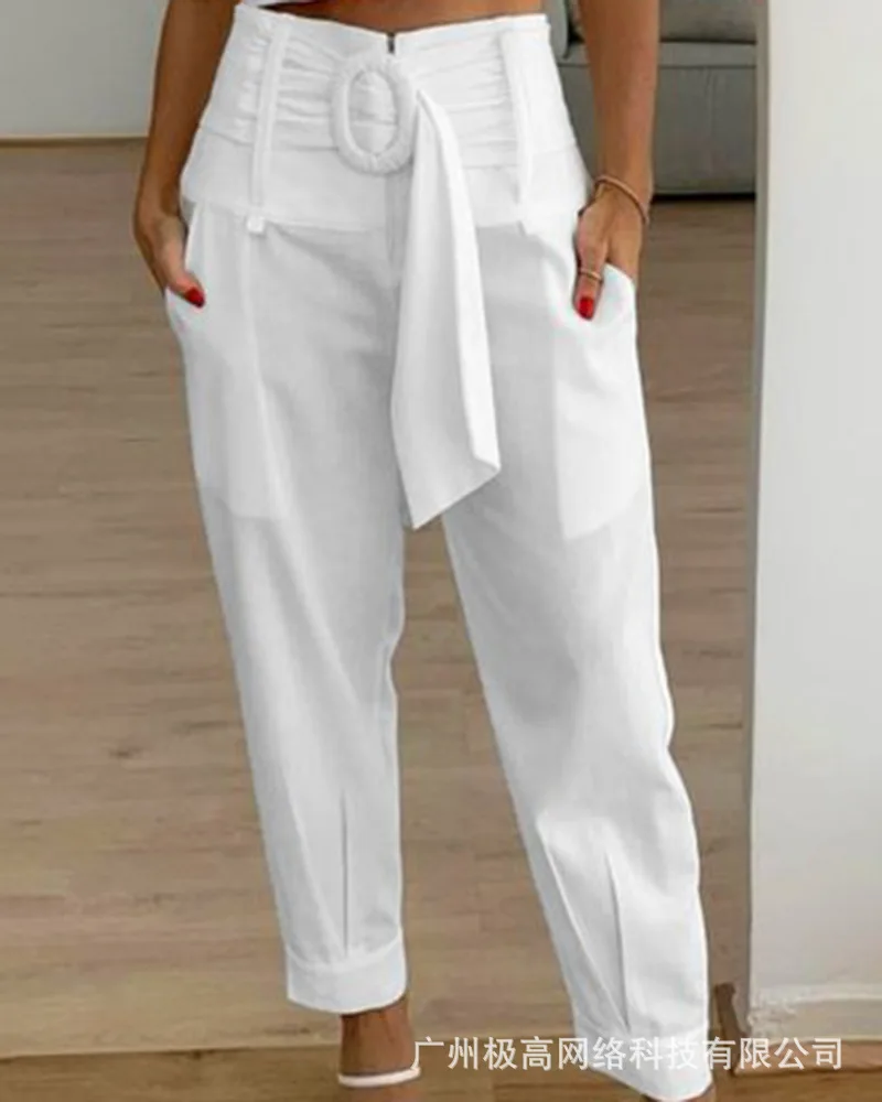 

2023 Spring Women's New White Pants Fashion Wide Lacing Foot Casual Pants for Women