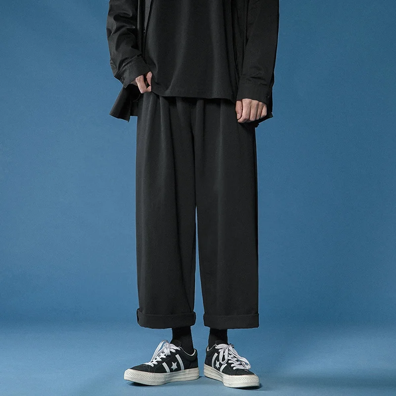 Casual Pant Men Cotton Baggy Wide Leg Pants Ankle Length Elastic Waist Loose Straight Trousers Men
