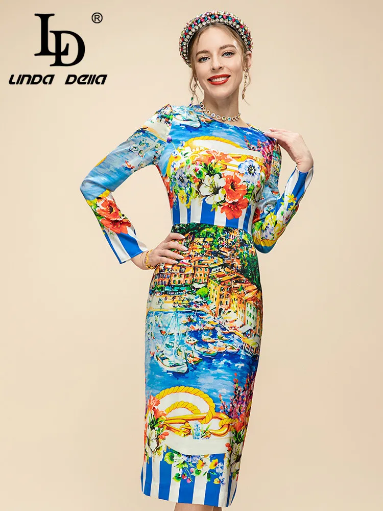 

LD LINDA DELLA Now Summer Runway Designer Party Dress Women Real Silk Long Sleeve Print High Waist Striped Slim Fit Long Dress