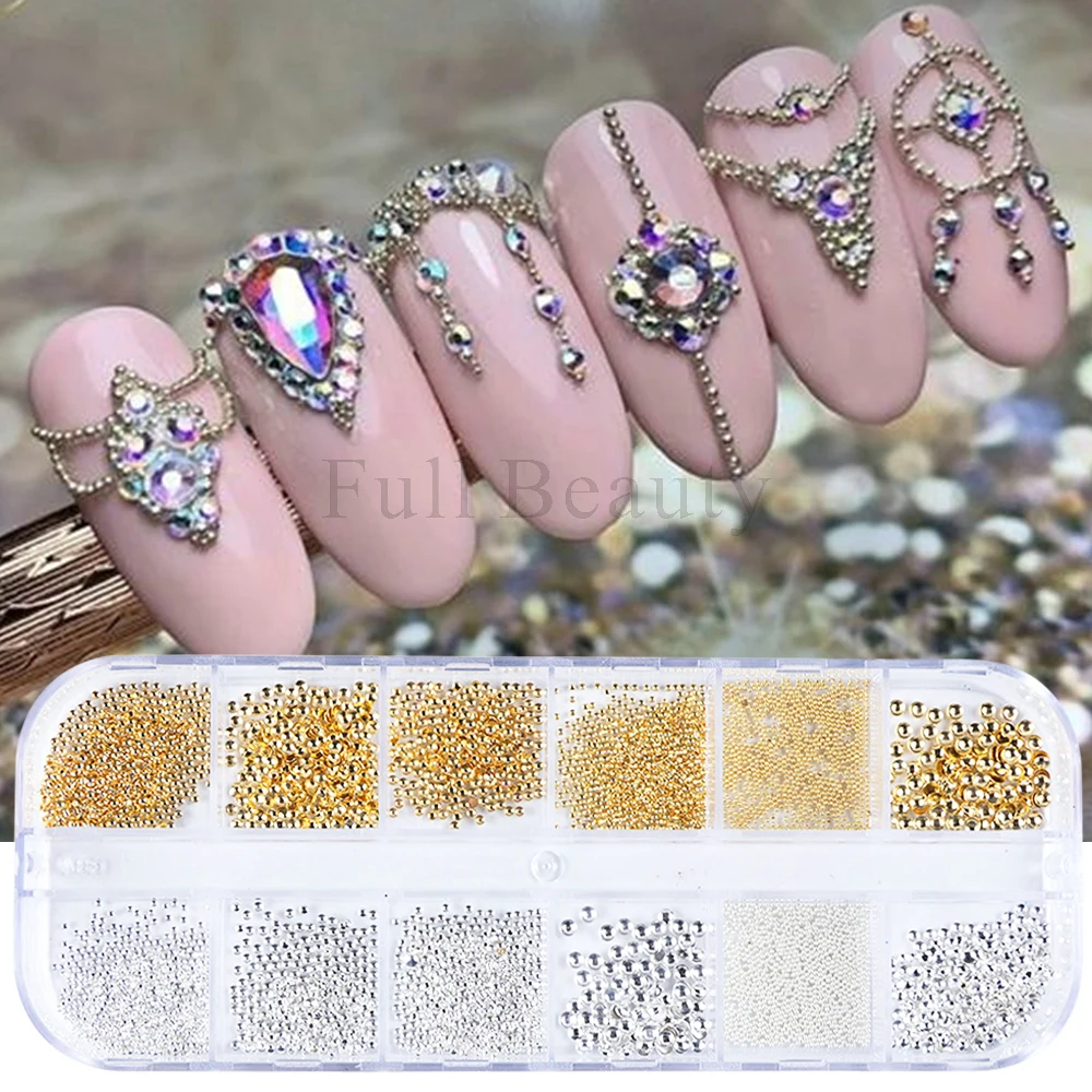 6 Grids Nail Art Pearls Flatback Pearls Nail Charms 3D Acrylic Nails Charms  Gold Silver with Mixed Steel Beads Gem Rhinestone Design DIY Jewelry