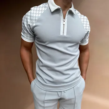 2022 Summer Chic Plaid stripe Casual Mens Short Sleeve Polo Shirts Patchwork Turn-down Collar Zipper Design Men Street clothes 1