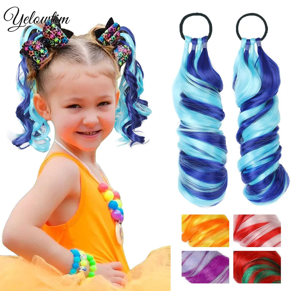 YELOWTIM Wig Children's Colorful Ponytail Hair Piece Colorful Curly Ponytail Christmas Gift Children Princess Hair Fake Braids