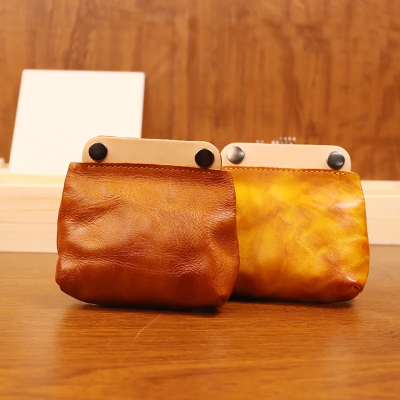 Genuine Leather Double Snap Pouch Coin Purse Cash and Card Holder Cable Organizer Pocket Vintage Brand Change Holder for Men
