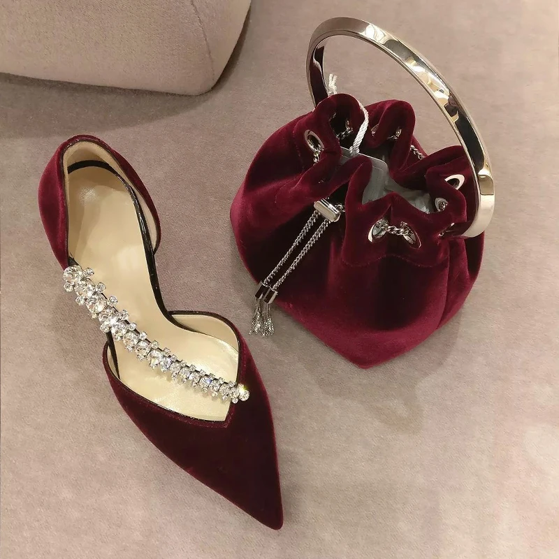 

Bling Banked Crystal Strap wedding Pumps Thin Heels Claret-red Velvet Mesh Pointed Toe Woman Side Cutout Banquet High Heel Shoes