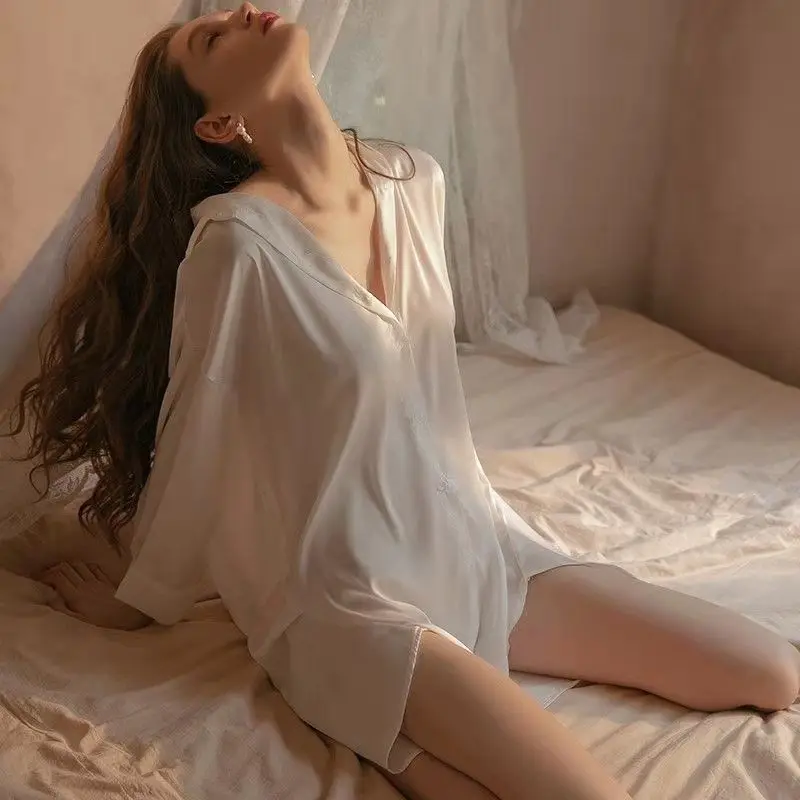 

Spring and Autumn Pajamas Chiffon Shirt Women's Long Sleeve Sexy Joker Large Perspective Loose Long Sunscreen