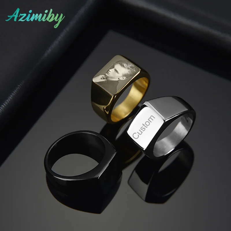 

Azimiby NEW Customized Engrave Rings Big Square Width Band Women Men Ring Personalized Name Photo Rings Birthday Jewelry Gifts