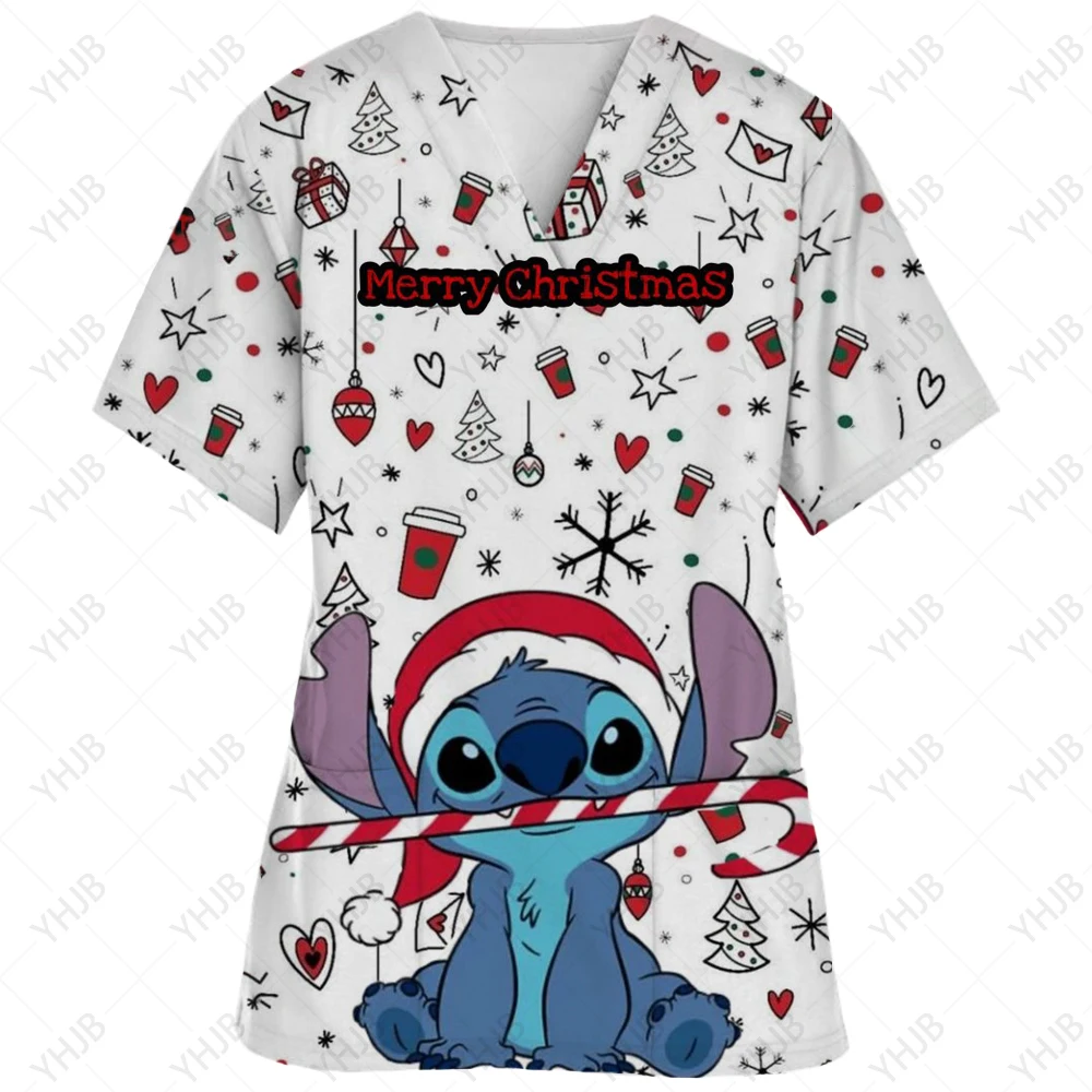thumbnail image 1 of Blusa de uniforme de trabajo con cuello en V y cordón de manga corta con estampado de dibujos animados de Disney Stitch para mujer, 1 of 4