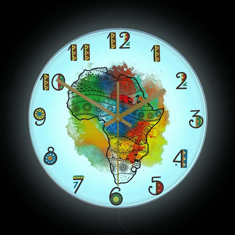 

Textured Map Of Africa Watercolor Art Printed Wall Clock Home Decor Colorful Tribal African Map LED Nightlight Luminous Clock