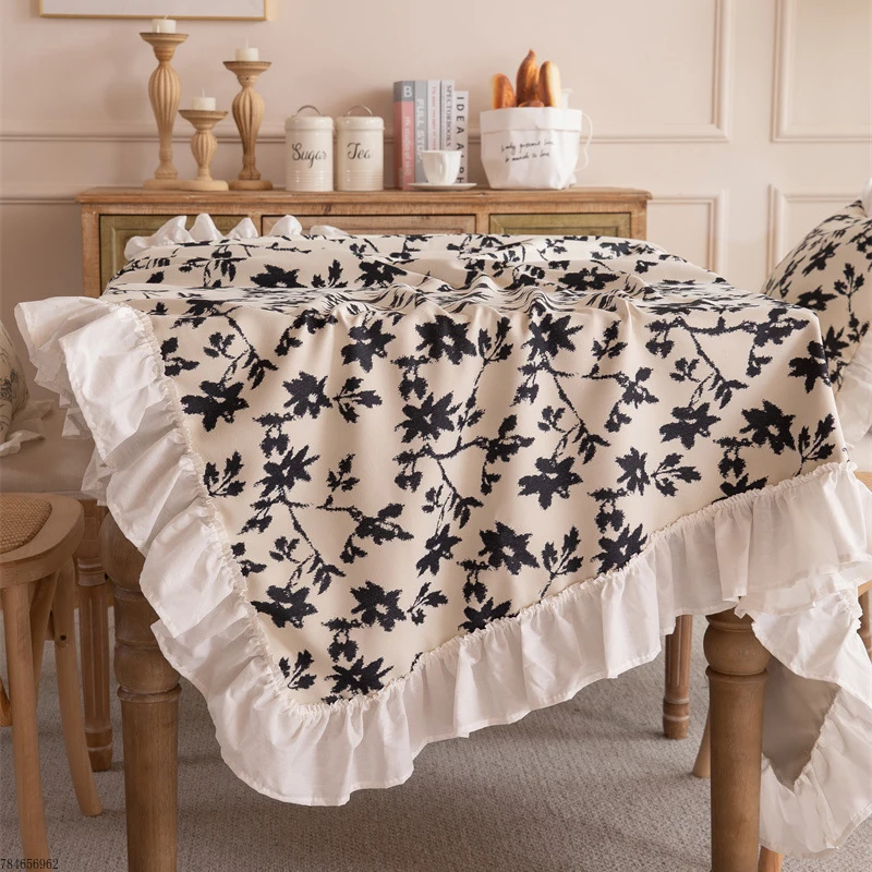 

French Polyester Printed Tablecloth With Ruffled kirt hem Plant Flower Tea Table Decoration Rectangle Dining Table Cover
