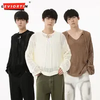 Men's Korean Style Lazy Loose Hollow Thin Knitted Shirt Trendy 2024 Autumn Long Sleeve Pullover Sweater Shirts 1