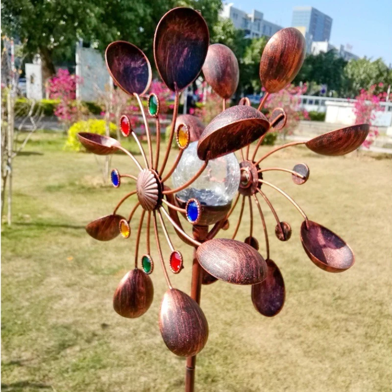Garden Solar Powered Wind Spinners Glass Iron Windmill Solar Powered Bronze Metal Art Craft Garden Yard Landscape Decoration