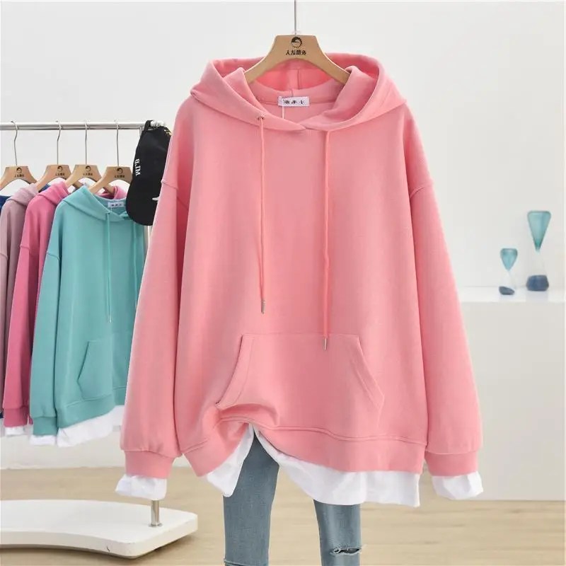 Fashion Spliced Pockets Fake Two Pieces Hooded Sweatshirts Female Clothing 2023 Autumn Loose Casual Tops Korean Sweatshirts