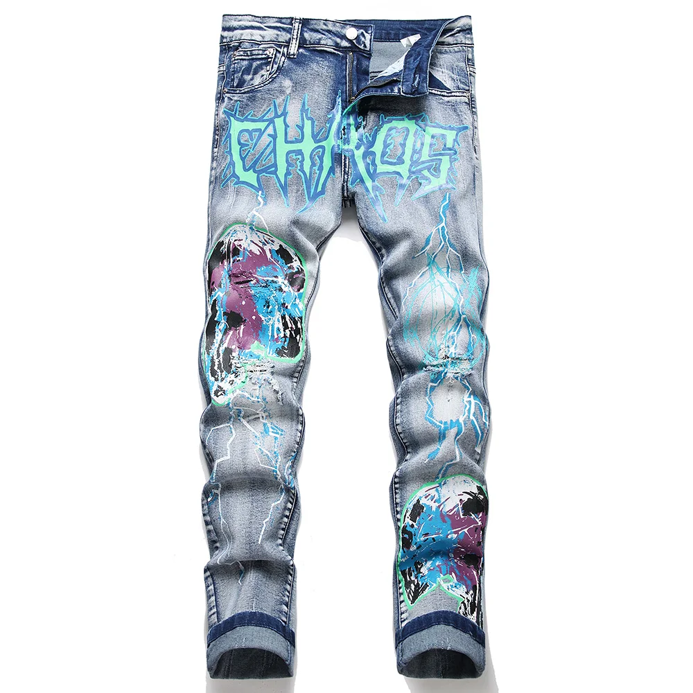 

Men Lightning Print Denim Jeans Holes Ripped Vintage Blue Stretch Pants Slim Tapered Trousers