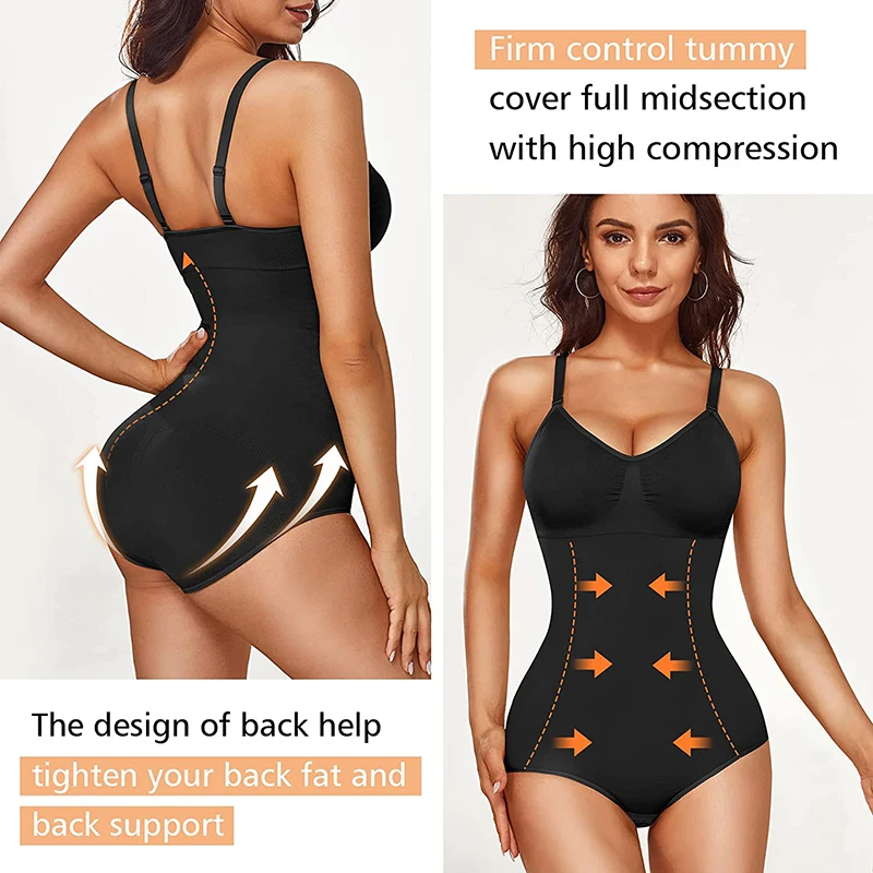 Full Body Shaper One Piece Women V Neck Spaghetti Strap Bodysuit Tummy Control Seamless Shapewear Built-In Bra Jumpsuit Tops