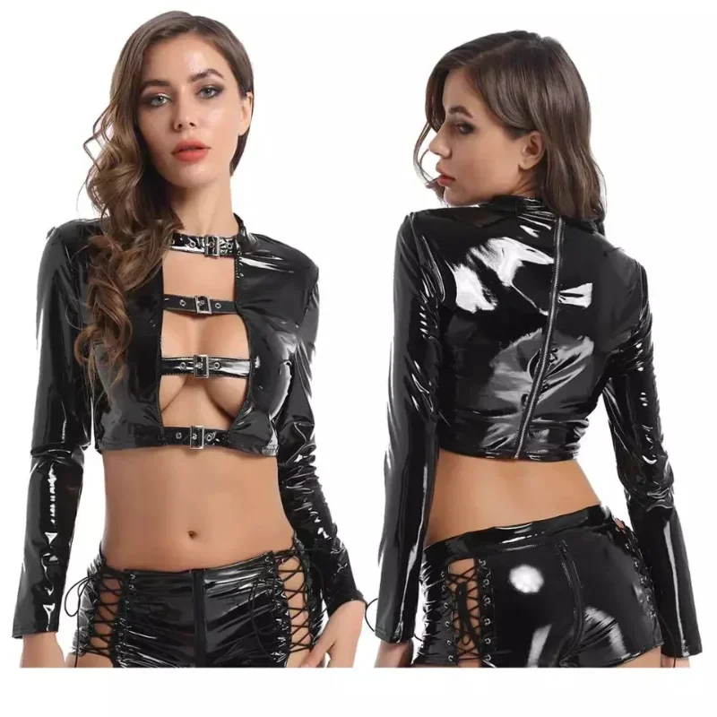 

Sexy Latex Bandage Lingerie Set Hollow Out Bare Chestg Leotard Women's Leather Jacket Bondage SM Suit Erotic Female Bodysuit Sex