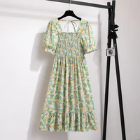 Summer Pleated Women Chiffon Dresses Casual Beach Holiday Short Sleeve Square Collar Woman Midi Dress Bohemian Mujer Vestidos - Image 3
