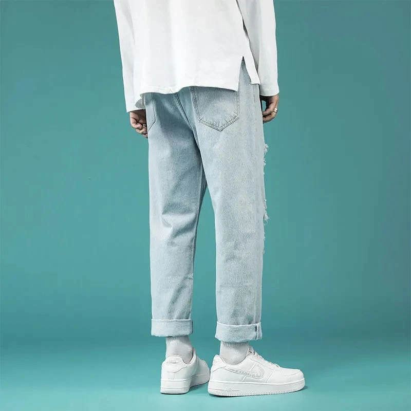 Summer Thin Loose And Perforated Straight Leg Jeans 2024 Korean Version New Fashionable Men's Light Blue Casual Travel Pants