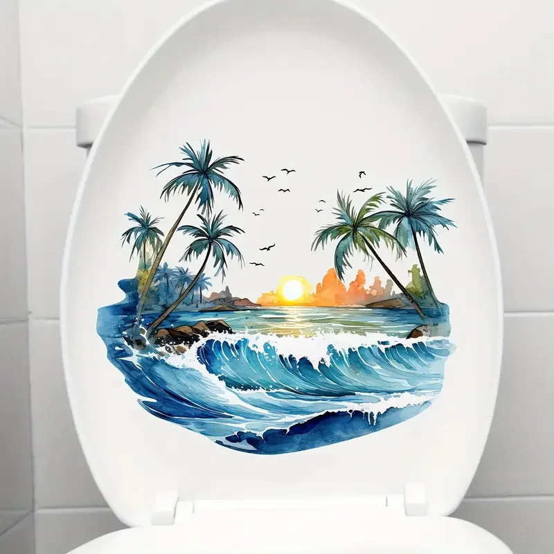 Summer Day Coconut Trees Self-Adhesive Toilet Stickers Wall Decal Removable Reusable PVC Sticker for Toilet Lid Bathroom Decor toilet stickers toilet wall stickers toilet seat stickers