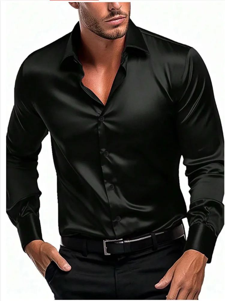 

2024 New Silk Smooth Fabric Fashion Men's Autumn Men's Business Casual Shirt Long sleeved Shirt