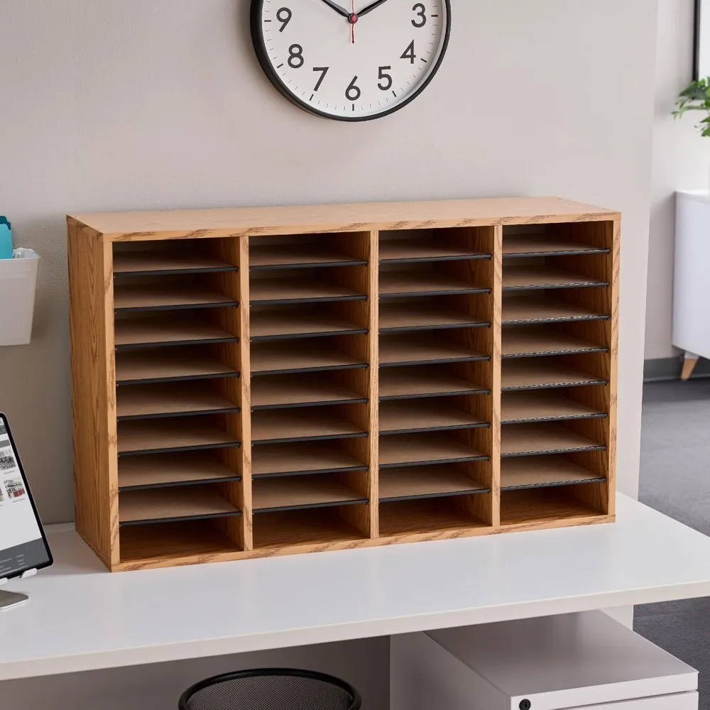 Wooden Paper and Mail Organizer for Home Office and Classroom, Adjustable Shelves Stackable, 36 Compartments, Medium Oak
