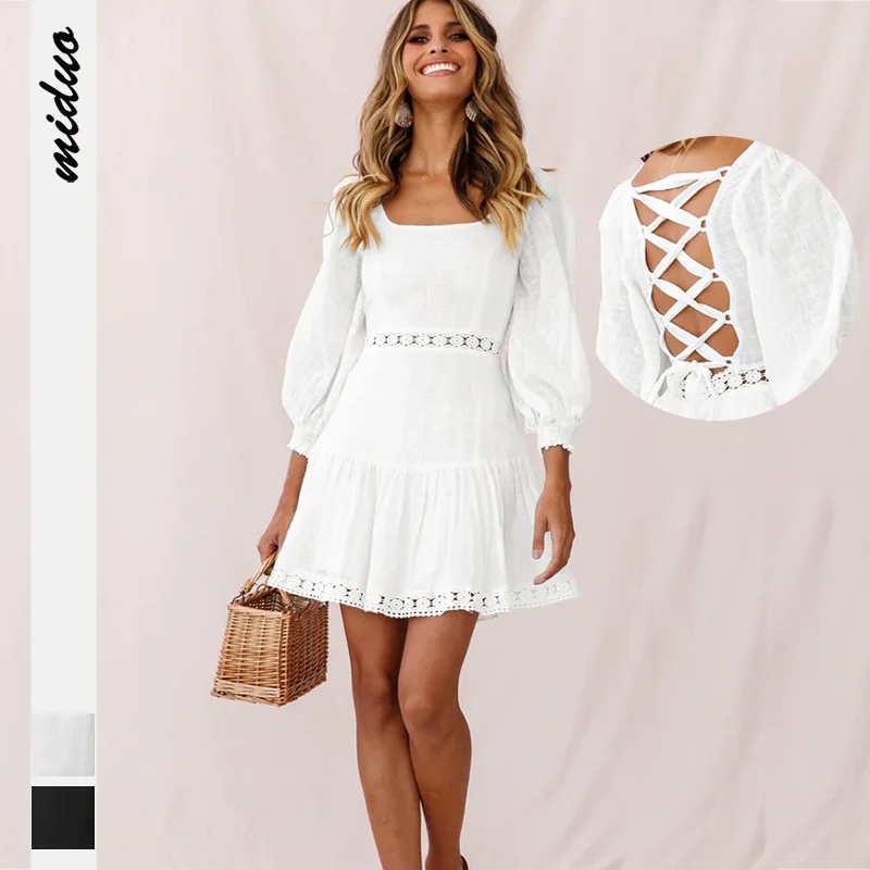 

Elegant Fashion Dresses Women 2022 Hollow Out Lantern Sleeve Lace Up Backless Sexy Mini Dress White Black Holiday Party Robe