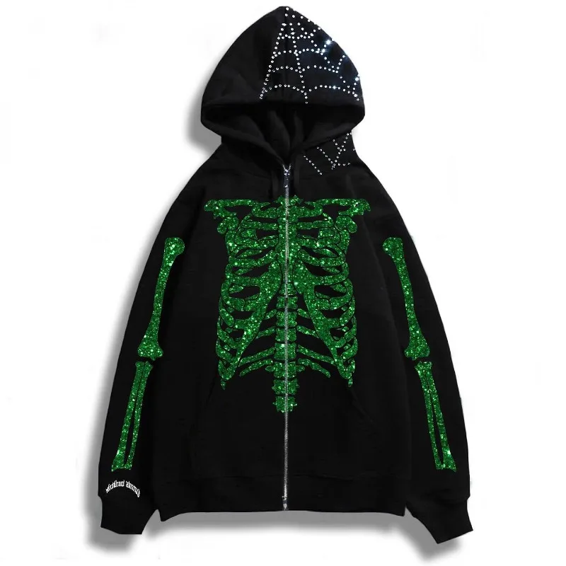 

Grunge Y2k Rhinestone Skeleton Sudaderas Women's Men's Hoodie Goth Full Zip Tops Punk Jackets Sweatshirts Kpop Sudaderas Moletom