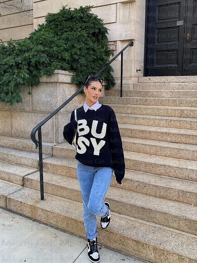 

Men Oversized Sweater Black Loose Busy letter Printing Women Vintage Retro Knitted Sweater 2022 Autumn Cotton Pullover Unisex