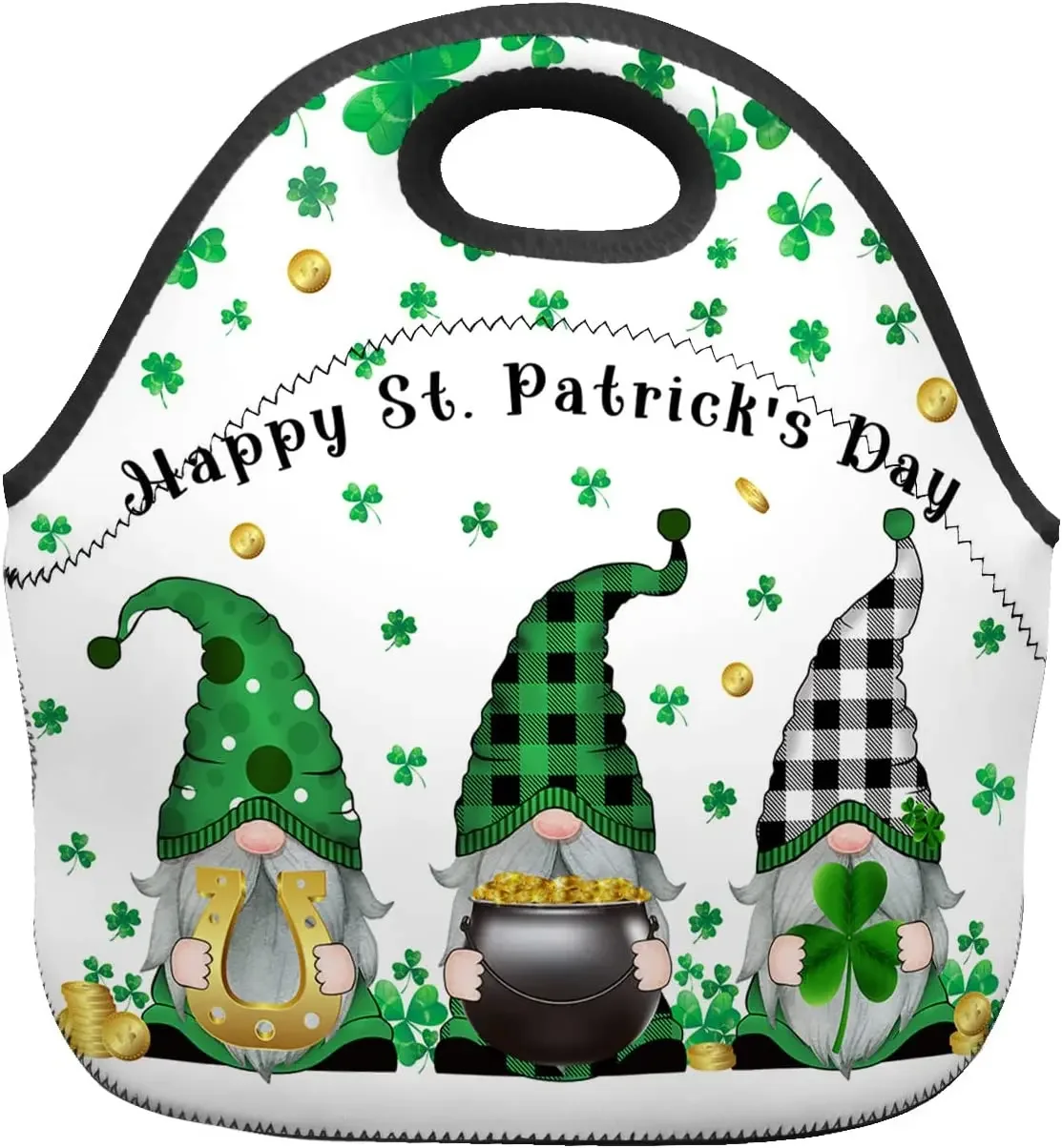 

St. Patrick's Day Insulated Lunch Bag for Women Gnomes Lucky Clovers Falling Soft Neoprene Lunch Tote Bag Waterproof Lunch Box