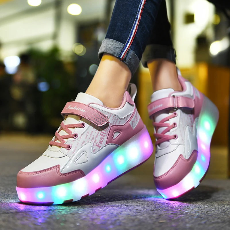 

Roller Skate Shoes For Children Lights Girl Kid Tow Wheels Boys Luminous Usb Sneakers Led 2021 Fashion Casual Pink Leather Boots
