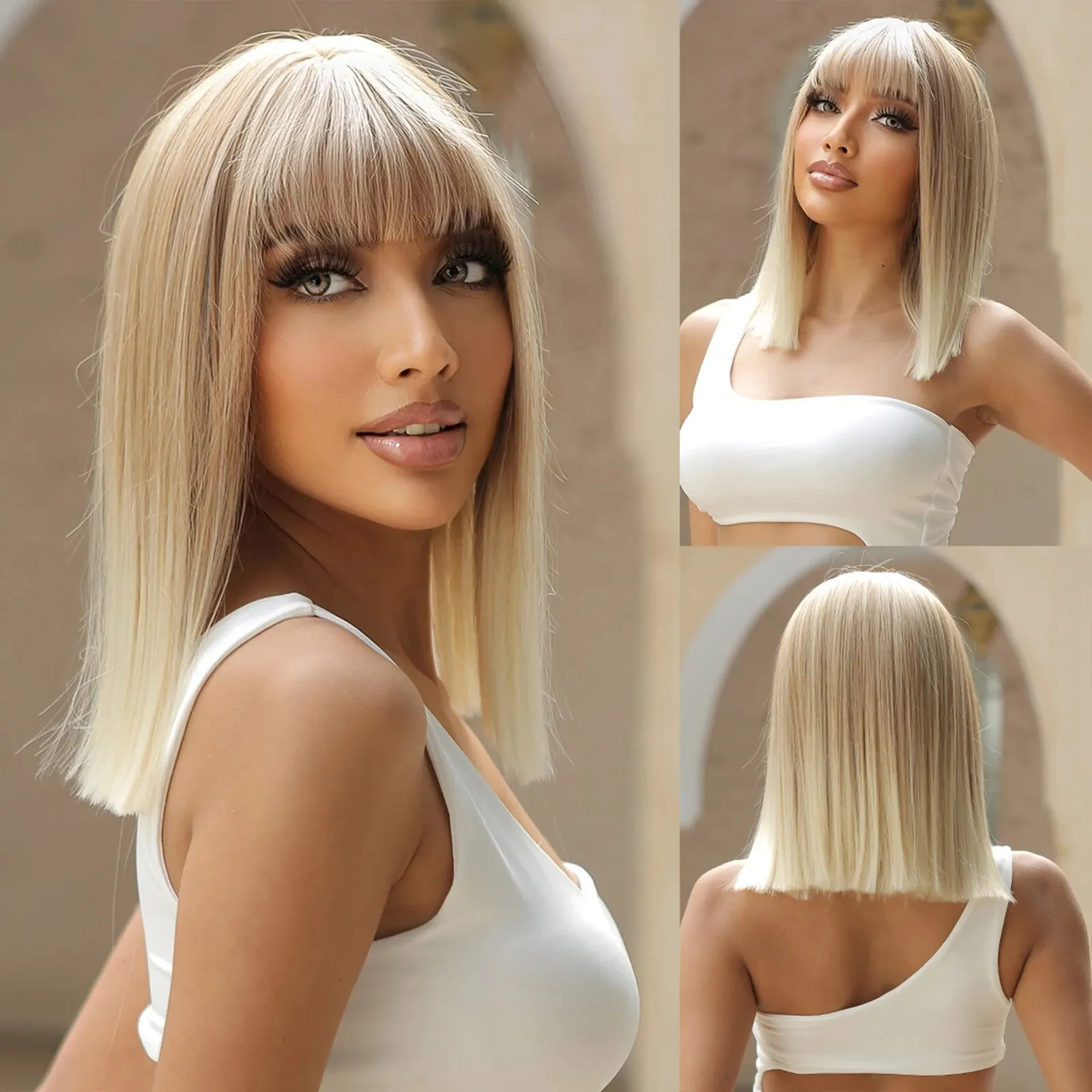 Ombre Golden Blonde Synthetic Short Wig with Bangs Bone Straight Wigs for Women Cosplay Party Natural Hair Heat Resistant