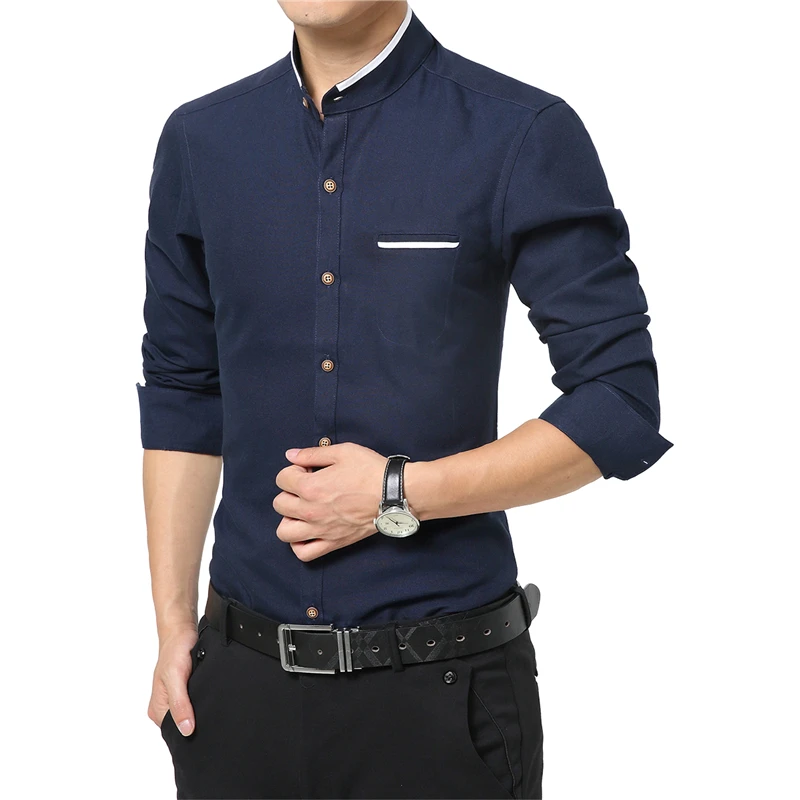 Men Casual Shirts Long Sleeve Mandarin Collar Slim Fit Men Korean Business