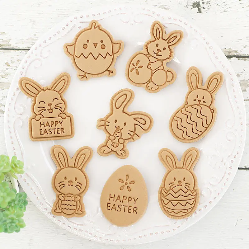 Cookie Cutter Baking Mold Cookie Mould Cookie Printing Mold Baking Decorating Tools 8Pcs Easter Plastic Cookie Cutter Rabbit Egg Biscuit Mold 3D Cartoon Bunny Mould Cake Baking Tools Easter Party Decorations