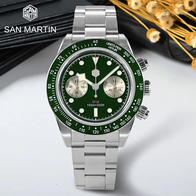 

San Martin Men Watch Panda Chronograph Seagull ST1901 Movement Automatic Mechanical Wrist watch Sapphire 10 ATM Diver Clock BGW9