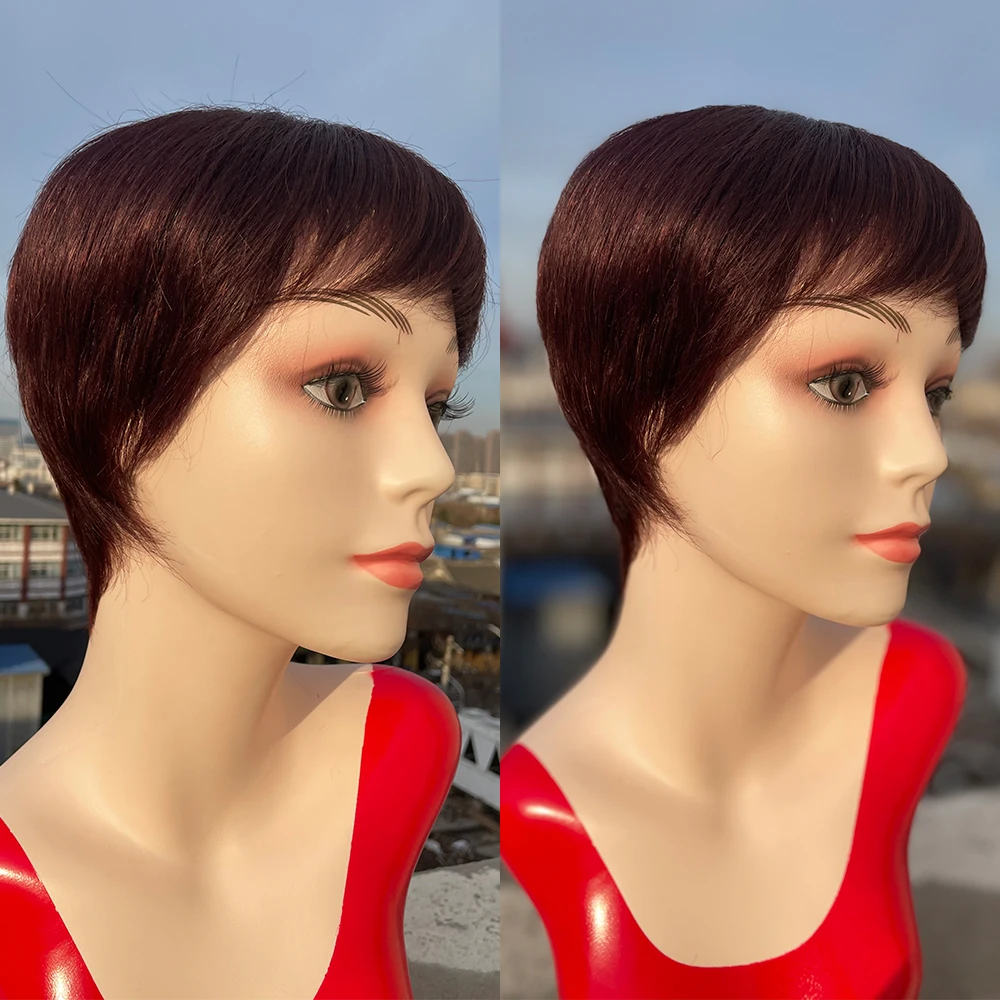 Short Bob Wig With Bangs Pixie Cut Brazilian Human Hair Wigs Remy Full Manchine For Women