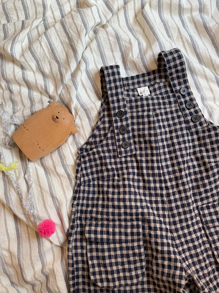 2025 Spring New Children Plaid Overalls Cotton Boys Thin Casual Pants Breathable Baby Girls Loose Strap Trousers Kids Clothes