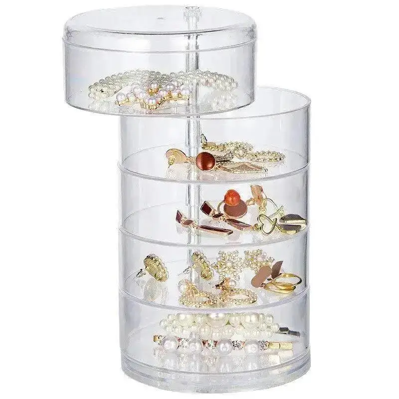 Rotating Jewelry Storage Box For Makeup Storage Rack Bracelet Earring Round Plastic Organizer Box Holder Display Rack With Cover