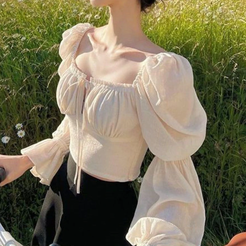 Flare Sleeve Blouses Women Sexy Crop Tops Temper Summer Holiday Lady Solid Aesthetic Basics Square Collar Clothing Vintage Daily