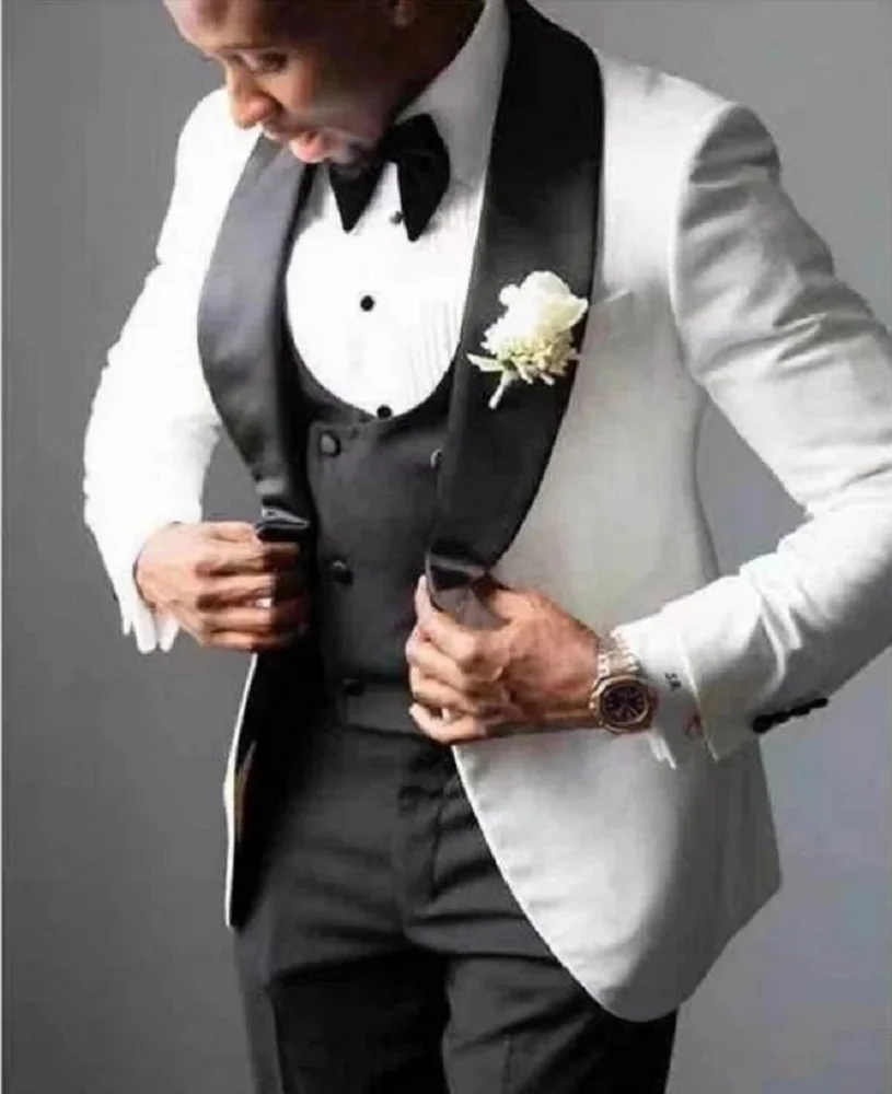 

white Wedding mens Suits Slim Fit Groom Groomsmen Party Terno Wedding Tuxedo for Man Costume Homme black vest and pants 3 pieces