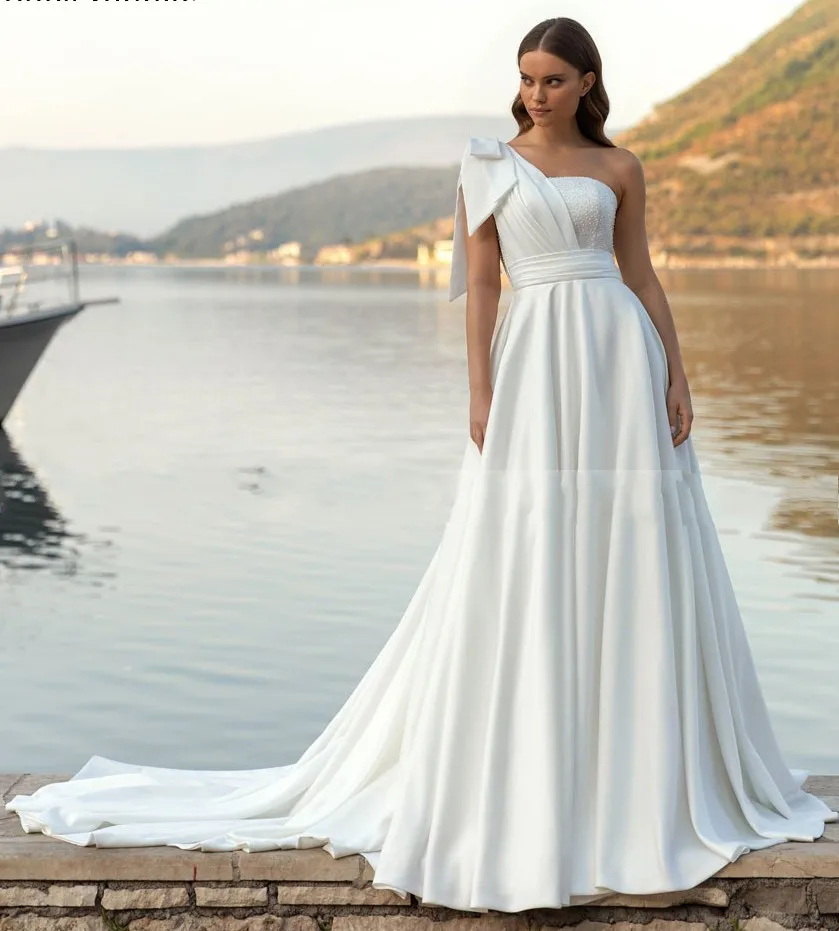 

A-line One Shoulder Wedding Dress 2024 Custom Made Sleeveless Pleats Bow Satin Bridal Gowns Vestidos De Novia
