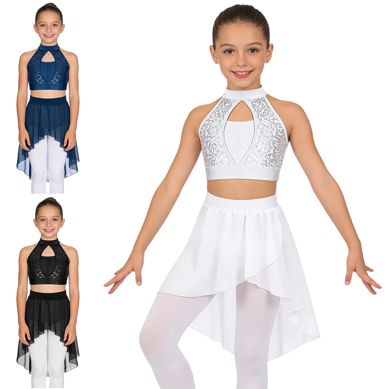 Zweiteilige Ballett- und Jazz-Tanz-Performance-Outfits für Mädchen, Pailletten-Crop-Top mit Schlüsselloch-Rücken und unregelmäßigem High-Low-Chiffonrock – Detail 2