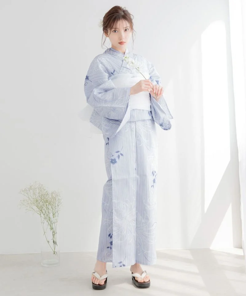 

Japanese Kimono With Obi Bathrobe Women's Traditional Formal Style High-end Cotton Fabric Fireworks Event 163CM Length Blue