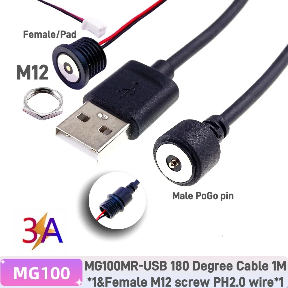 12V3A Rotierendes magnetisches Ladekabel Männlich Weiblich Gewinde M8 M12 Pogo Pin Stecker Adapter USB A Typ Power Charge Solution