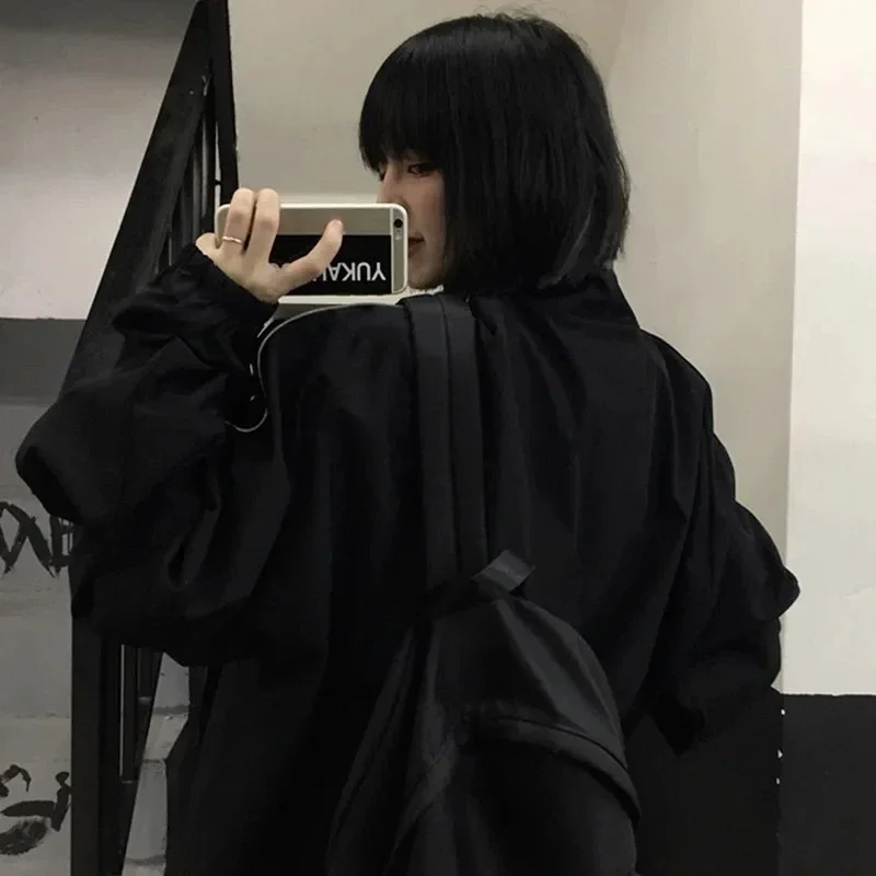 Women's Autumn Casual Full with Black Loose Korean Clothing Classic Retro Outerwear Fashion Korean Style Reflective Jacket