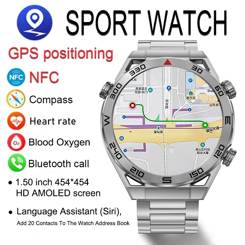 

2024 New NFC Smart Watch Men GPS Track 454*454 HD AMOLED Screen Compass Heart Rate BT Call IP68 Waterproof SmartWatch For Huawei