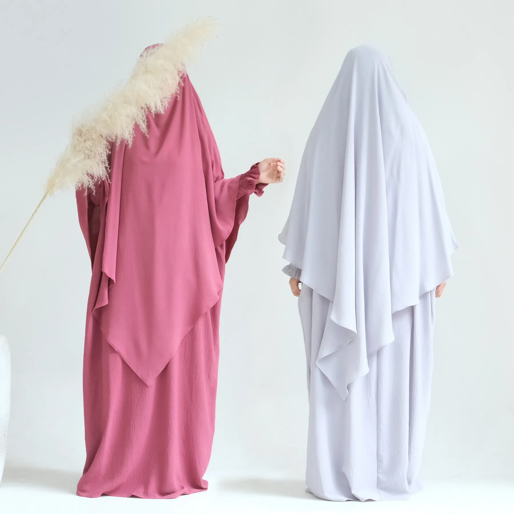 

2pcs Muslim Set Women Overhead Khimar Abayas Eid Ramadan Full Cover Hijab Dress Prayer Garment Islamic Clothing Abaya Burqa Robe