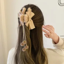 

Plush Bow Tassel Hairpin Shark Clip Korean Temperament Back Head Grab Clip Female Hairpin Autumn and Winter Clip Headwear