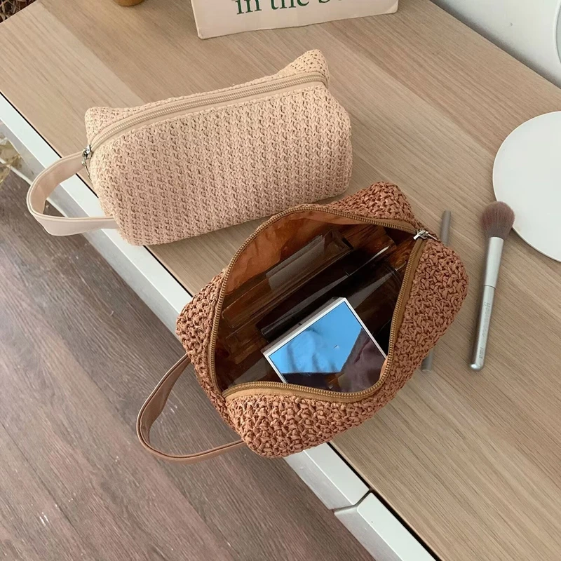 

Retro Woven Makeup Bag Simple Cosmetic Storage Bag Portable Ladies Clutch Purse Travel Handbags Schoolgirl's Pencil Storage Bags