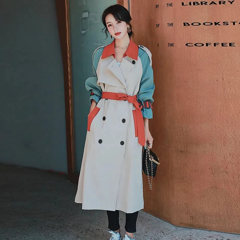 

Элегантная ветровка средней длины в стиле пэчворк контрастных цветов с поясом, Женский Повседневный двубортный тренчкот для весны и осени