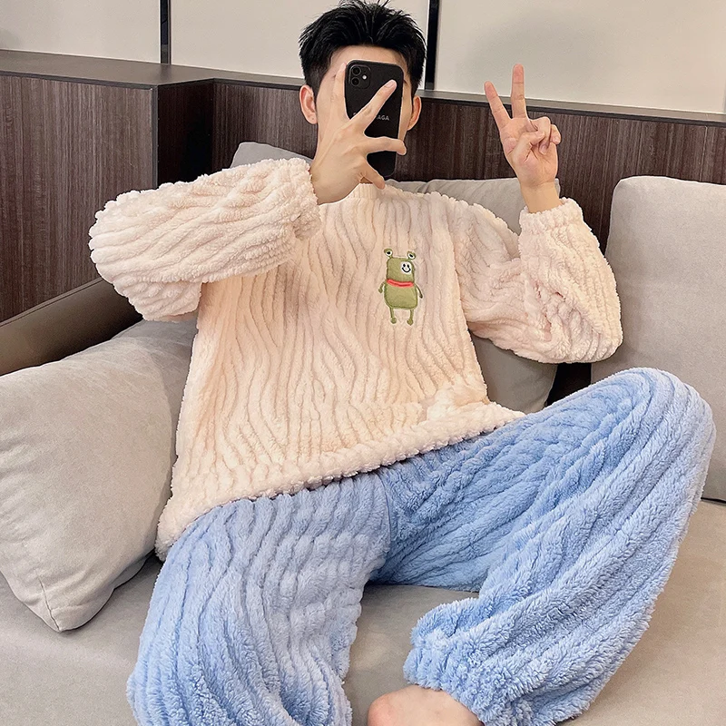2 Pieces Set Winter Warm Homewear For Male Flannel Pajamas Set Young Men Casual Loungewear